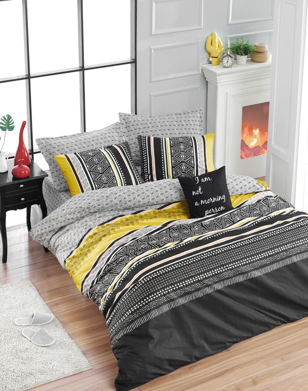 Lenjerie de pat dubla 3 piese, L'essentiel Maison, Formas, Yellow / Black / Grey - imagine 3
